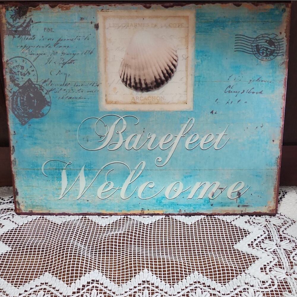 Barefeet Welcome Coastal Nautical Wood Wall Sign Distressed Ready to Hang 13in